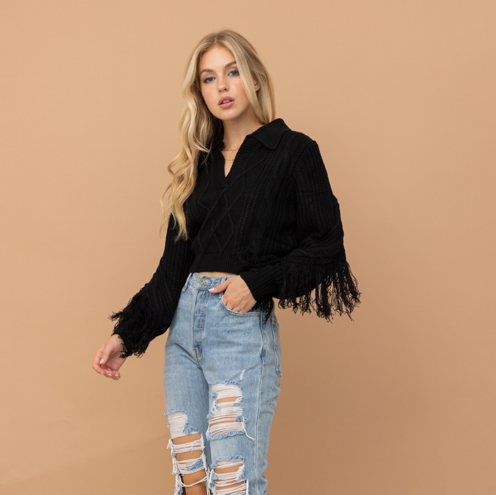 Black Crop Collared Fringe Sleeve Western Sweater NWT